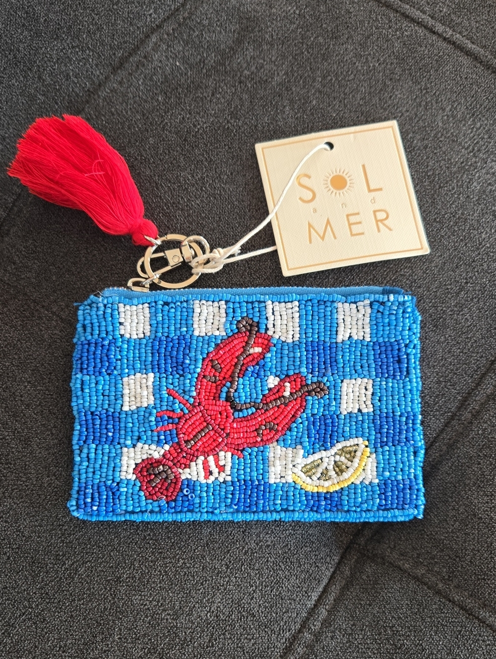 Blue Beaded Lobster Key & Card Holder with Red Tassel